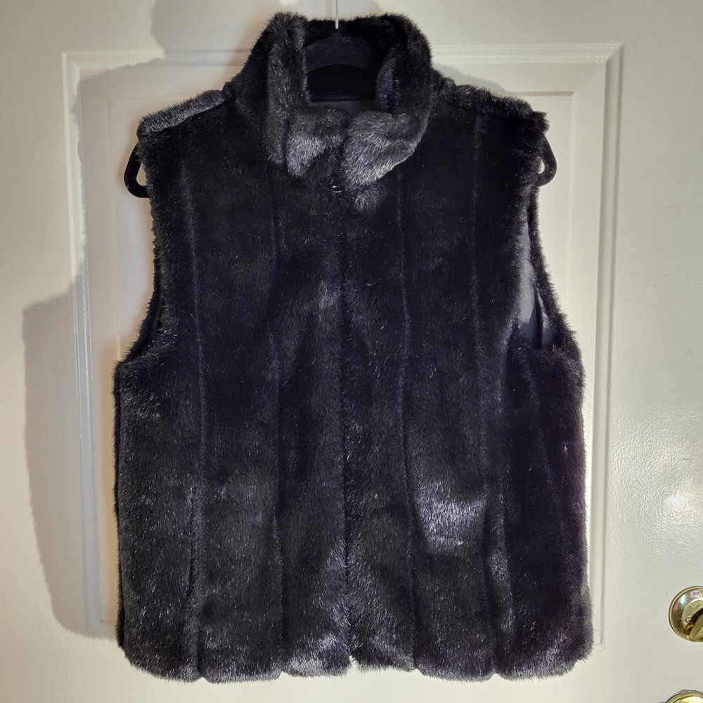 Faux Black Mink‎ Fur Reversible Vest Women's M Winter Layer Zip Pockets